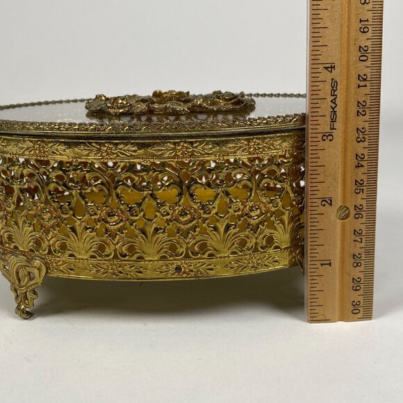 Vintage Hollywood Regency Gold Filigree Ormolu Jewelry Box Oval Glass Hinged Lid - Picture 10 of 11